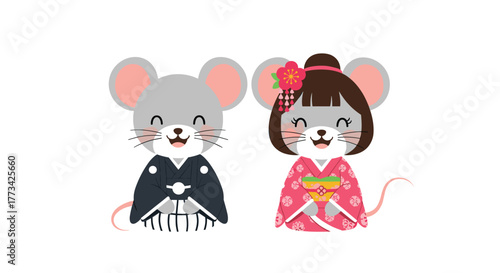 Cute cartoon mice couple dressed in traditional Japanese kimonos, isolated on white background.
