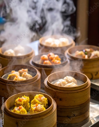 Assortment of various steamed dim sum dishes, in bamboo baskets