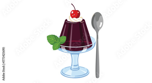 A delicious grape jelly dessert with a cherry and whipped cream on top, garnished with mint, and served with a spoon.
