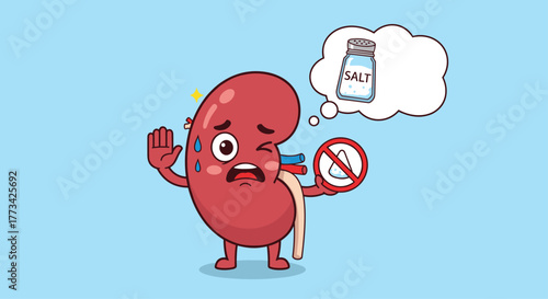 Kidney character expressing concern about salt intake and promoting healthy choices.