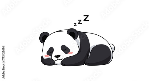 Cute cartoon panda sleeping soundly on white background, with 'zzz' above its head, representing rest and relaxation, perfect for various design projects.