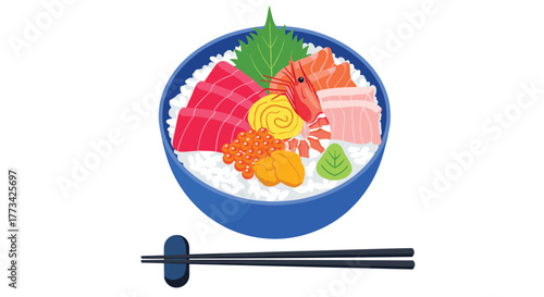 A vibrant vector illustration showcases a seafood bowl filled with tuna, salmon, roe, and uni, accompanied by chopsticks, capturing the essence of Japanese cuisine.