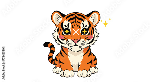 Cute cartoon tiger sitting with sparkling eyes and blush on cheeks.