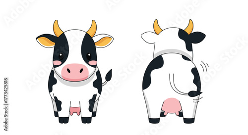 Cute cartoon cow character depicted from the front and the back, with a white background and black spots, showcasing a playful illustration.