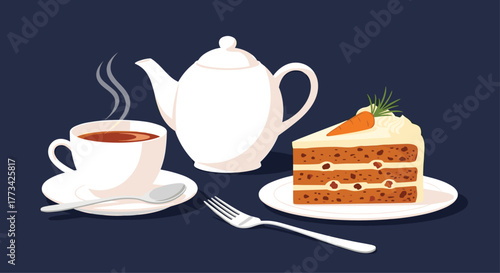 A slice of carrot cake with frosting sits next to a cup of tea and a teapot on a dark blue surface.