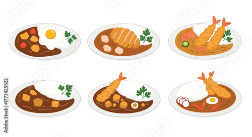 Delicious Japanese curry rice dishes with various toppings such as fried egg, tonkatsu, and shrimp tempura on white plates.