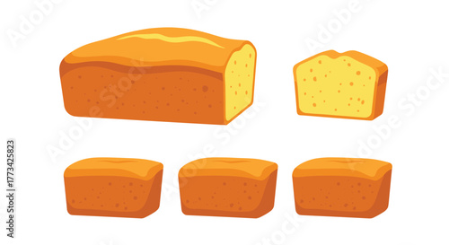 Cartoon illustration of pound cake, featuring a loaf, slice, and smaller pieces, highlighting a classic bakery treat.
