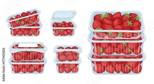 Various clear plastic containers stacked with fresh strawberries for sale or storage, isolated on a white background, studio shot.