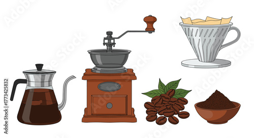 A colorful illustration showing various elements of coffee preparation, including a kettle, grinder, dripper, beans, and ground coffee.
