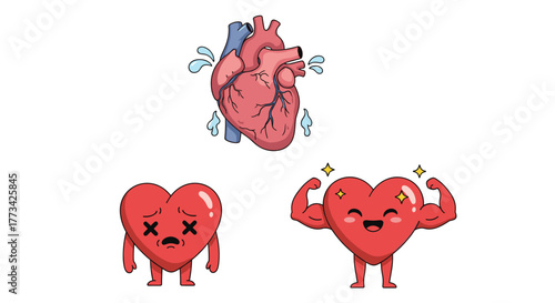 Illustration showcasing the state of heart health with three cartoon hearts: healthy, overworked, and unhealthy, offering a visual metaphor for well-being.