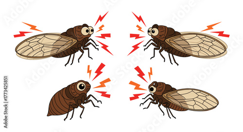 Four cartoon cicadas making noise with radiating sound waves and lightning bolts.
