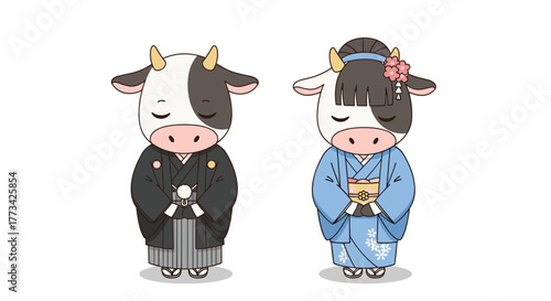 Cute cartoon cows dressed in traditional Japanese formal wear bow respectfully.