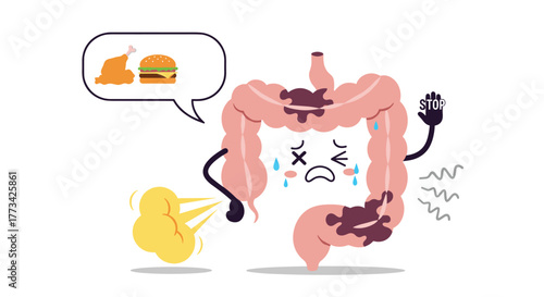 Cartoon representation of the colon in distress, illustrating digestive issues and the impact of unhealthy food choices on gut health..