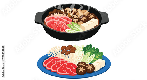 Two depictions of sukiyaki ingredients: one cooked in a pot and one arranged on a plate.