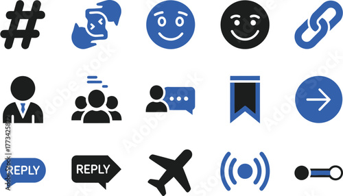 A collection of social media and communication icons for user interface design, isolated on a white background.