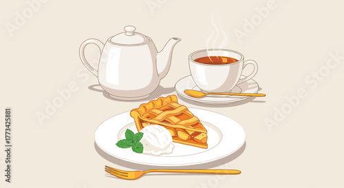 Whimsical illustration featuring a teapot, cup of tea, and a slice of lattice apple pie with ice cream, evoking a cozy and inviting aesthetic.