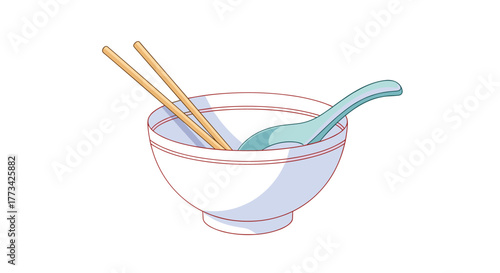 Illustration of a white bowl with chopsticks and a spoon inside on a white background.