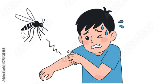 A cartoon illustration depicting a person being bitten by a mosquito, scratching their arm in discomfort and showing signs of an allergic reaction.