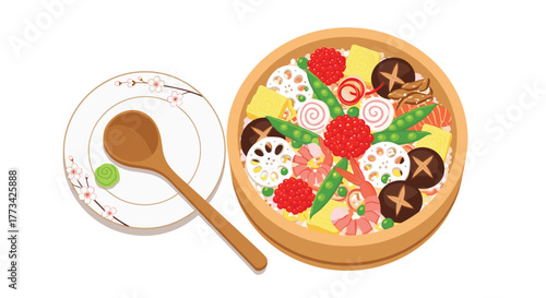 Illustration of a traditional Japanese chirashizushi dish with a side plate, spoon, and wasabi.