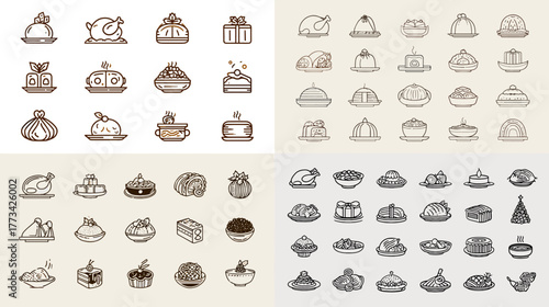 Vintage hand-drawn food and restaurant icons collection, featuring dishes, cloches, and kitchen elements in elegant sketch style for menus, packaging, and branding designs.