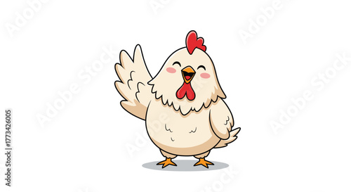 Cute cartoon chicken waving with a friendly expression and rosy cheeks.