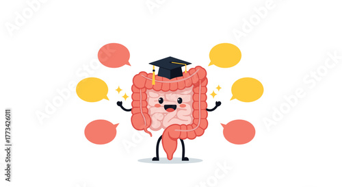 Anatomy of the intestines depicted as a cartoon character wearing a graduation cap, with speech bubbles around, suggesting learning and understanding of gut health and knowledge.