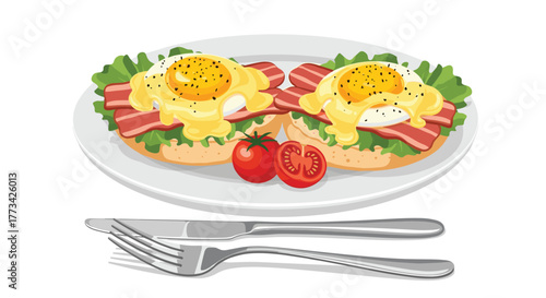 Two English muffins topped with bacon, lettuce, poached eggs, and hollandaise sauce served with tomatoes on a plate with cutlery.