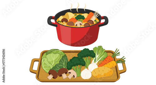 A red pot of hot soup with various vegetables and ingredients, next to a tray of fresh produce.