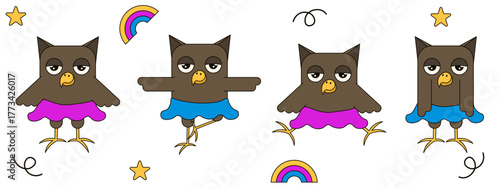 Cute Owls set. Vector illustration of fun Owl in dancing skirt collection isolated white background. Perfect kids art child sticker children room interior design. EPS 10