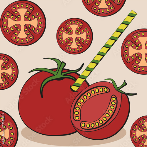 Modern tomato juice vector poster design. Vector illustration of hand drawn red tomato with straw on tomatoes slice background. Perfect interior poster for cafe market. Fresh tomatoes juice concept. 