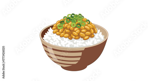 Bowl of white rice topped with fermented soybeans and chopped green onions.