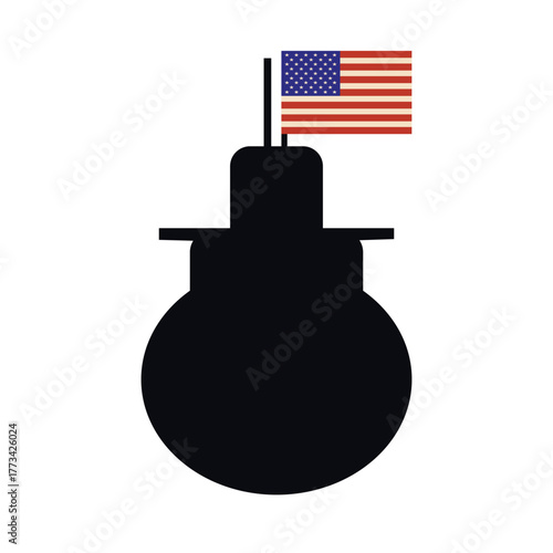 USA war Submarine. Vector illustration of Underwater Boat silhouette with american flag isolated transparent background.  EPS 10