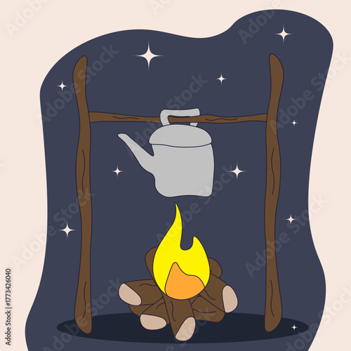 Tourist poster. Vector illustration of kettle on a campfire. Eco tourism art concept. Perfect child room wall poster template design. EPS 10