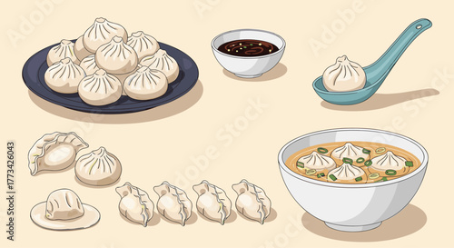 Delicious Chinese dumplings served in various ways, including with sauce, soup, and on a plate, for a satisfying Asian culinary experience.