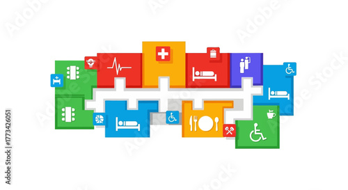 Hospital layout with medical icons and accessibility symbols