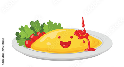 A cheerful cartoon omelet with tomato, lettuce, and ketchup on a plate.