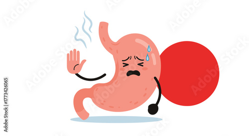 Cartoon stomach character looking stressed and sweating next to a red circle.