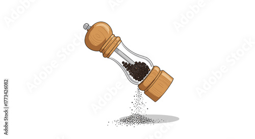 A cartoon pepper grinder dispensing freshly ground black pepper on a white background, with a soft shadow.