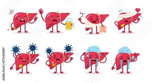 Cartoon illustrations of a liver with various health problems and issues such as smoking, alcohol consumption, viral infections, and illness, representing the importance of liver health and care.