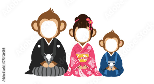 A family of cartoon monkeys in traditional Japanese attire, ready for photos.