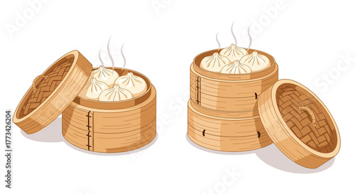 Illustration of steaming dumplings in bamboo steamers on a white background.
