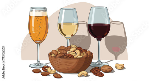 Elegant arrangement featuring sparkling wine, white wine, and red wine with a bowl of assorted nuts for a sophisticated pairing.