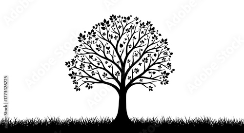 Tree with grass and leaves silhouette with transparent background