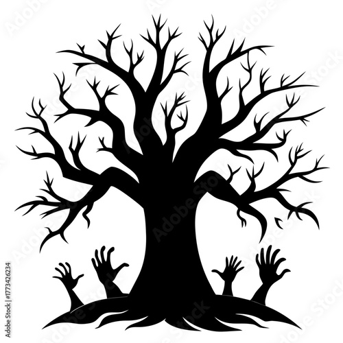 Spooky silhouette of a bare tree with rising hands