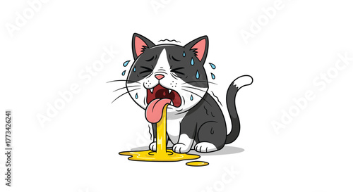 Cartoon black and white cat looking sick and throwing up yellow liquid.