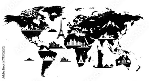 World map with famous landmarks and travel destinations