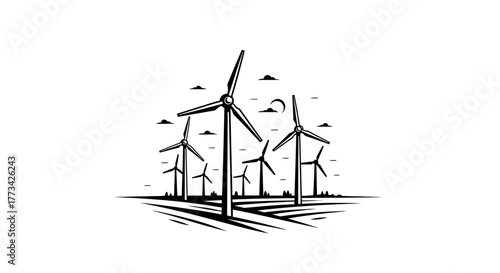 Wind turbines landscape with cloudy sky