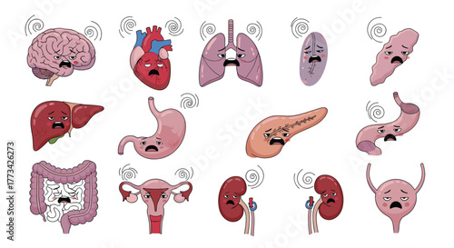 Cartoon organs with sad faces express discomfort and illness with swirling lines above them.
