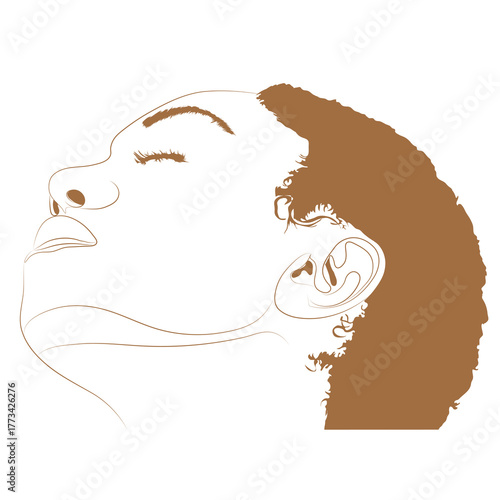 Minimalist line art of a person’s side profile facing upward, eyes closed and lips slightly parted, featuring stylized brown hair and clean outlines emphasizing calmness, reflection, and elegance.