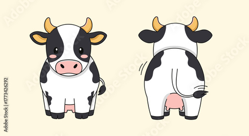 Two cute cartoon cows, one facing forward and the other facing backward, on a light yellow background.